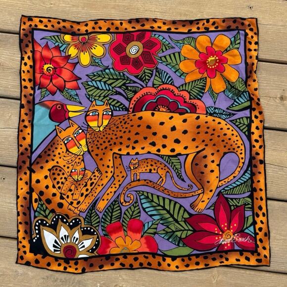 Vintage Laurel Burch Leopard Cheetah Tropical Floral 100% Silk Square Scarf - Picture 1 of 7